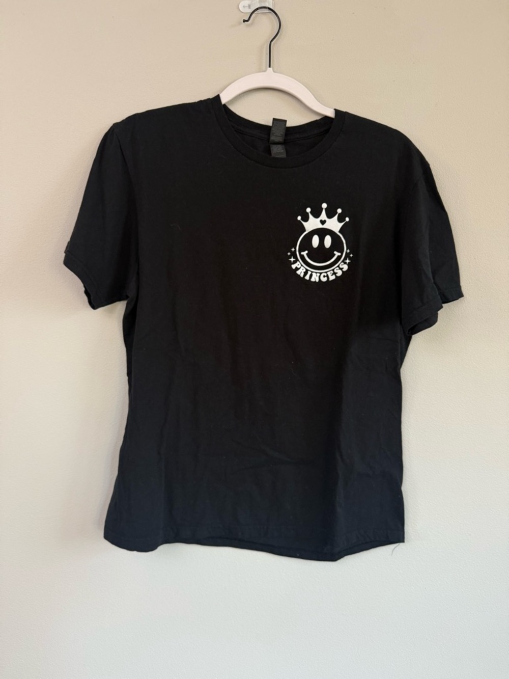 Gildan Black Tee with White 'Passenger Princess' Crown Smiley Graphic